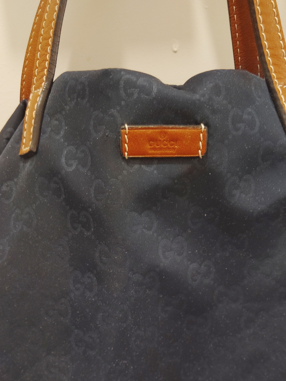 Gucci Navy GG Monogram Tote with Tan Leather Accents